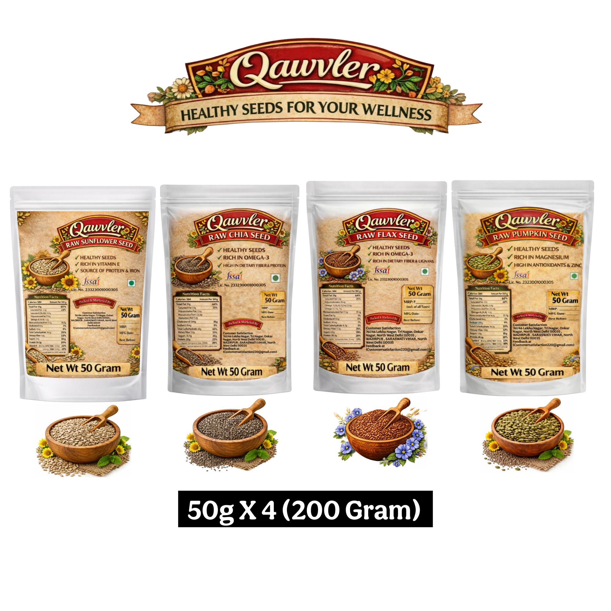 Qawvler 4-in-1 Raw | Seeds Combo | Chia Seed | Flax Seed | Sunflower Seed | Pumpkin Seed | High Fiber & Protein 50g x 4 | (200 Gram)