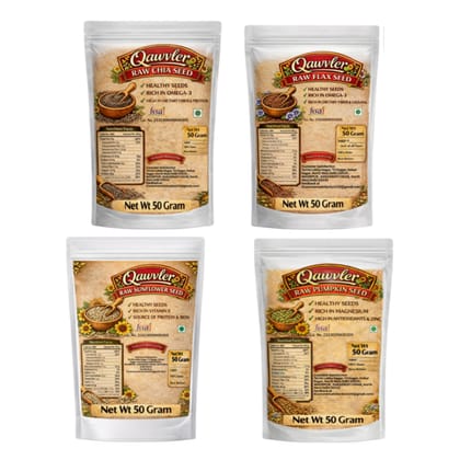 Qawvler 4-in-1 Raw | Seeds Combo | Chia Seed | Flax Seed | Sunflower Seed | Pumpkin Seed | High Fiber & Protein 50g x 4 | (200 Gram)