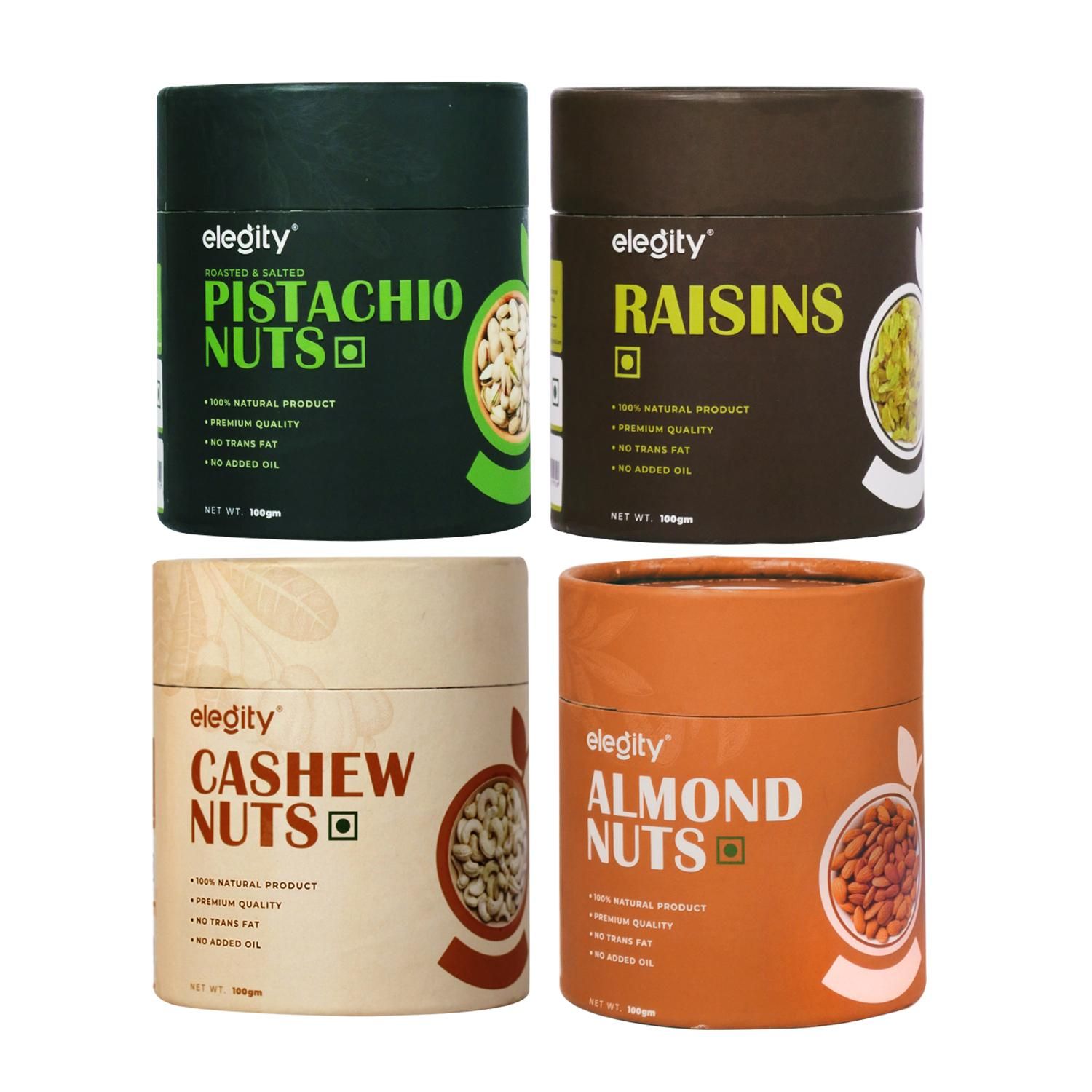 ELEGITY Dry Fruit Combo Pack | Jumbo California Almonds, Pistachios, W210 Cashew, Green Raisins (100 gm each) | 100% Natural, No Added Preservatives | Nutritious Snacks - Pack of 4