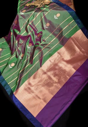 Green-Pink dual tone Banarasi Silk Saree with Stripes and Alfi Motifs Borderless design | SILK MARK CERTIFIED