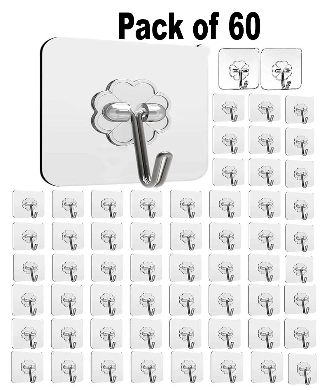 Rudra Adhesive Stronger Plastic Wall Hooks Hangers, Waterproof Stick for Kitchen Bathroom Shower Door Outdoor Home Improvement Utility Hook -60 Pcs Transparent