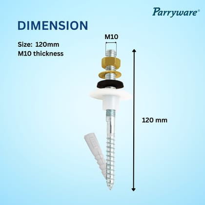 Parryware Rag/Rack Bolt 120mm M10 | Premium Quality Stainless Steel Rag/Rack Bolt | with Brass Nut and Brass Washer for Wash Basin, Geyser, Commodes | FREE Spanner Inside | C61815399