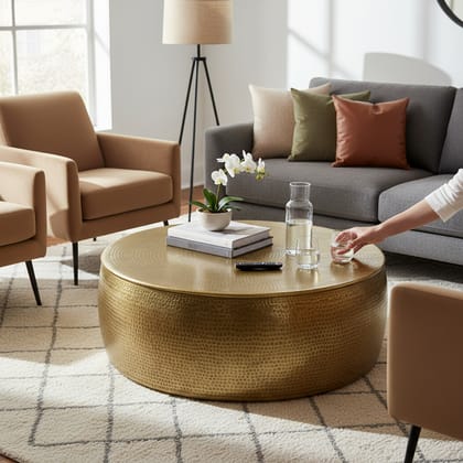 Wooden Hammer Brass Round Coffee Table-Side Table