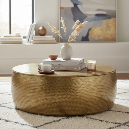 Wooden Hammer Brass Round Coffee Table-Side Table