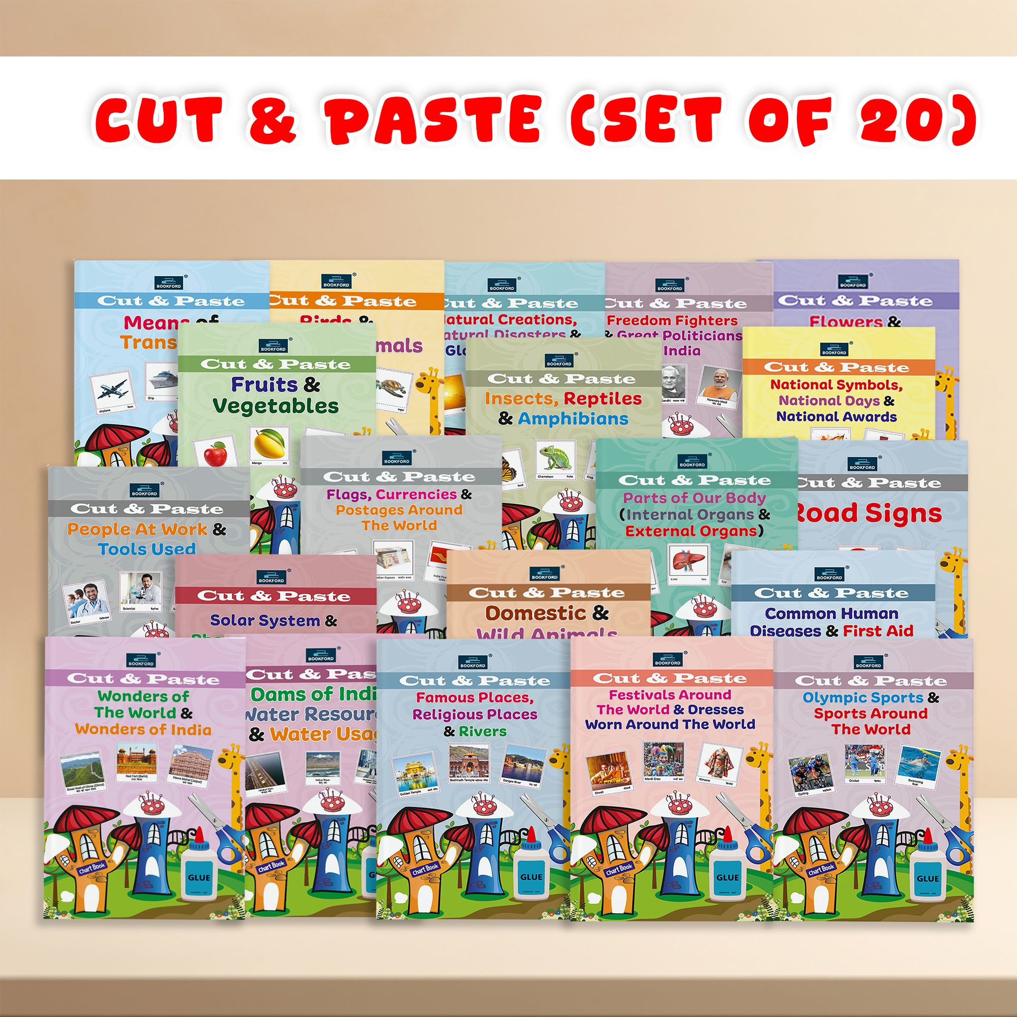 Cut & Paste Combo Set of 20 Activity Books for Kids| Creative Craft Learning, Scissor Skills, Fun Worksheets, Early Education, Hands-On Practice