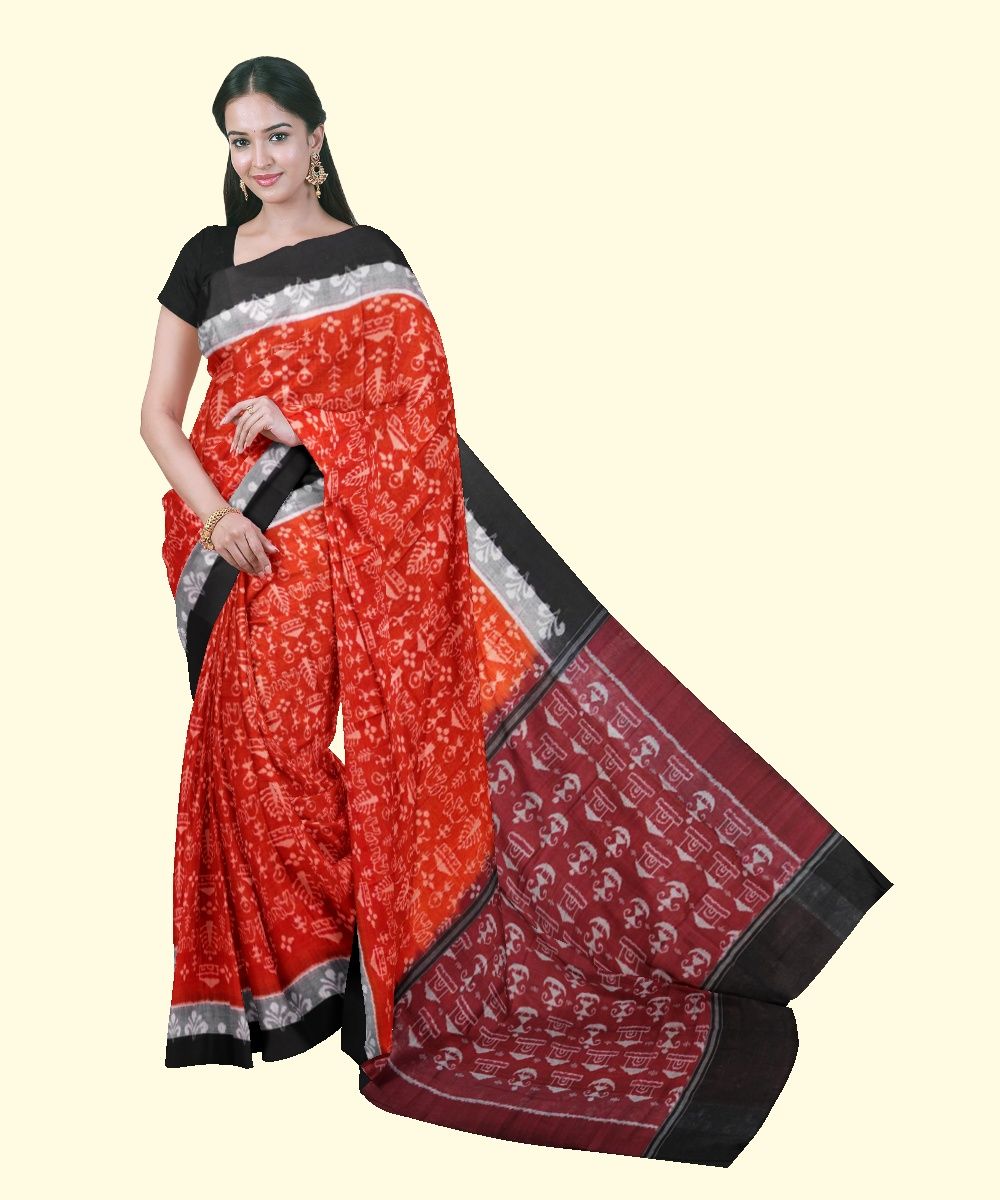 Rust Black Sambalpuri Handwoven Single Ikat Cotton Saree SFCSAR1998