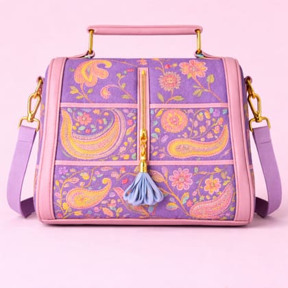 Lavender Purple Embroidered Floral & Paisley Handbag with Gold Hardware