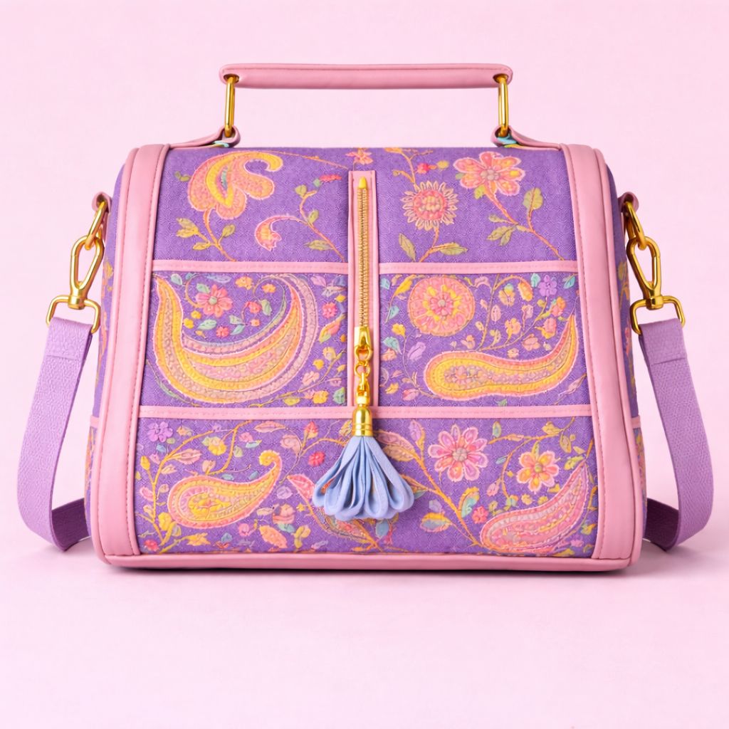 Lavender Purple Embroidered Floral & Paisley Handbag with Gold Hardware