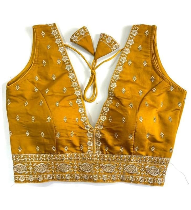 Women's Silk Thread Work V Neck Sleeve Less Readymade Blouse (Mustard, Free Size)-PID57727