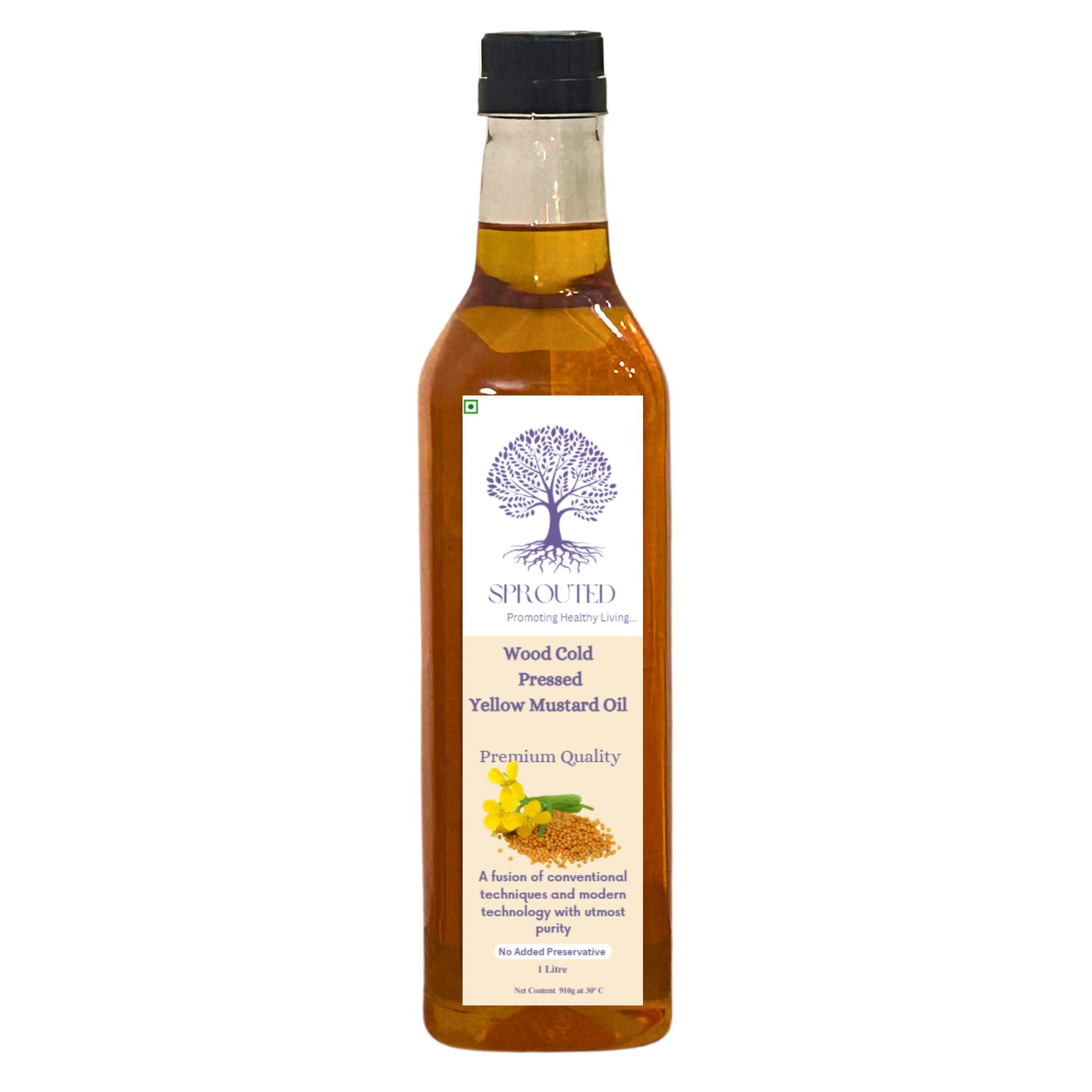 Sprouted Wood Cold PressedYellow Mustard (Sarso ka tel) Oil | Glass Bottle | Kohlu/ Kacchi Ghani | 100% Pure | Gluten-Free | Chemical Free | Wood Cold Pressed/ Cold Pressed Yellow Mustard Oil for Cooking in 1 Litre