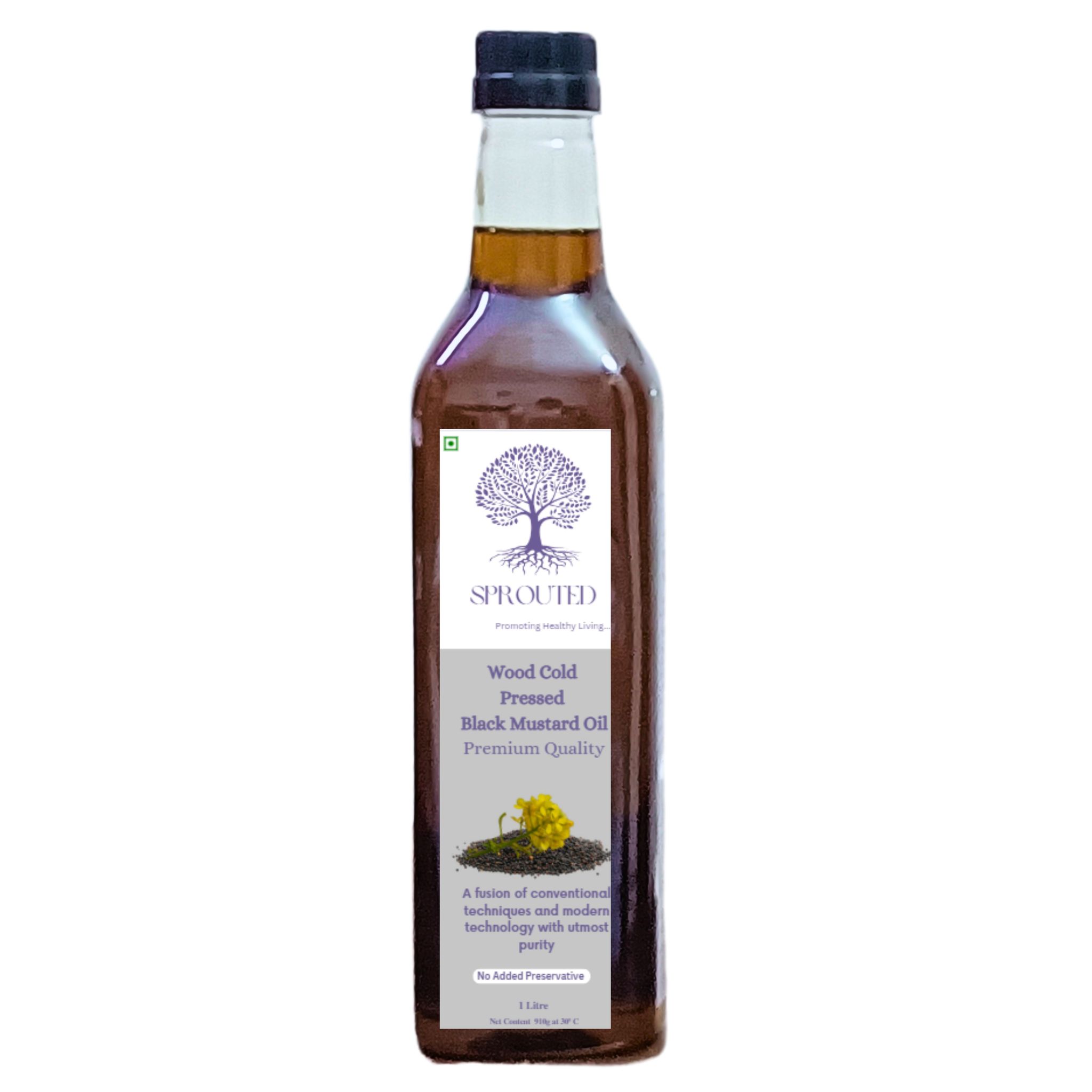 Sprouted Wood Cold Pressed Black Mustard (Kali Sarso ka tel) Oil | Glass Bottle | Kohlu/ Kacchi Ghani | 100% Pure | Gluten-Free | Chemical Free | Wood Cold Pressed/ Cold Pressed Black Mustard Oil for Cooking in 1 Litre