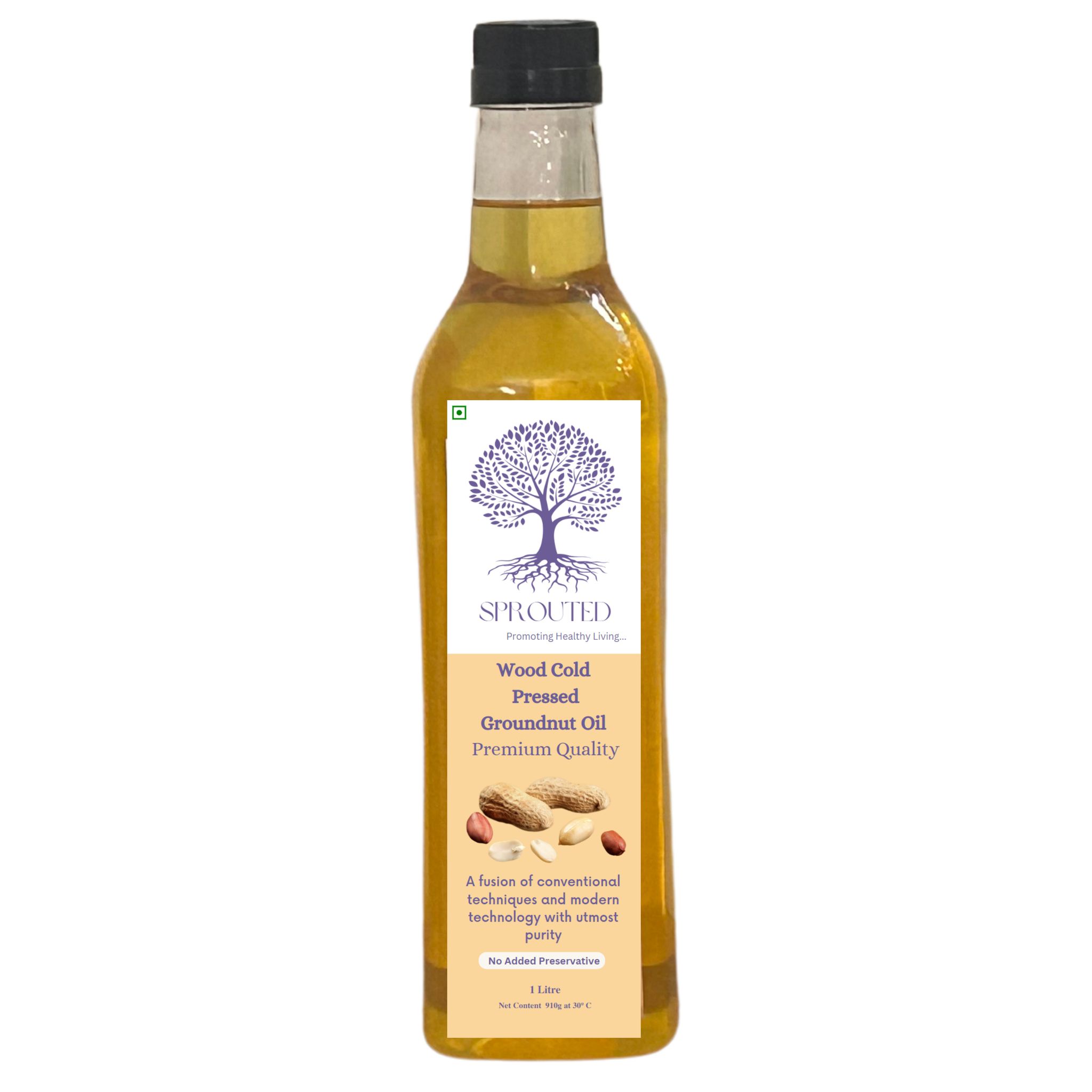 Sprouted Wood Cold Pressed Groundnut / Peanut Oil (Mufali ka tel) | Glass Bottle | Kohlu/ Kacchi Ghani | | 100% Pure | Gluten-Free | Chemical Free | Wood Cold Pressed/ Cold Pressed Groundnut/ Peanut Oil for Cooking in 1 Litre