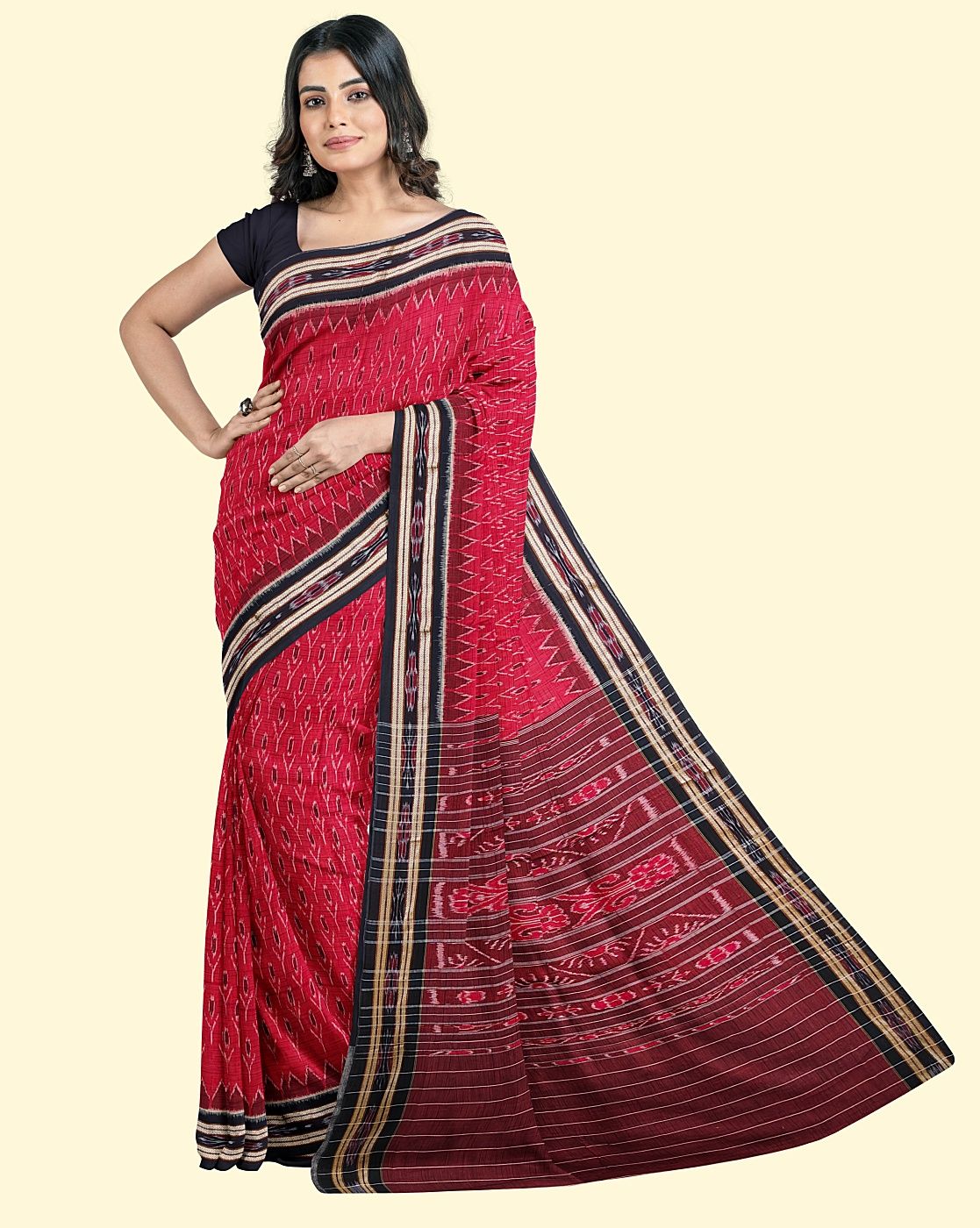 Red Black Sambalpuri Handwoven Single Ikat Cotton Saree(SFCSARAJ63
