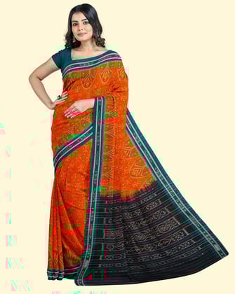 Orange Green Sambalpuri Handwoven Single Ikat Cotton Saree SFCSARAJ84