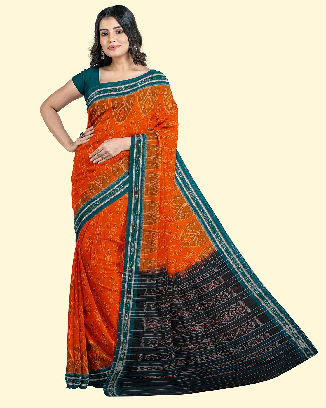 Orange Green Sambalpuri Handwoven Single Ikat Cotton Saree SFCSARAJ84