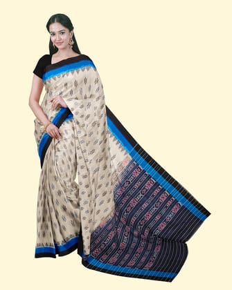 Offwhite Blue Sambalpuri Handwoven Single Ikat Cotton Saree SFCSARAJ86