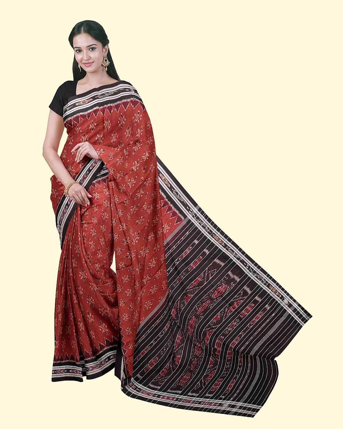 Maroon Black Sambalpuri Handwoven Single Ikat Cotton Saree SFCSARAJ98