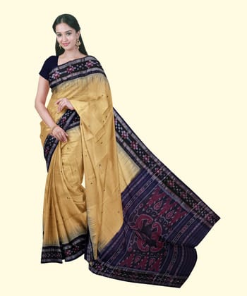 Beige Black Sambalpuri Handwoven Single Ikat Cotton Saree SFCSAR2191