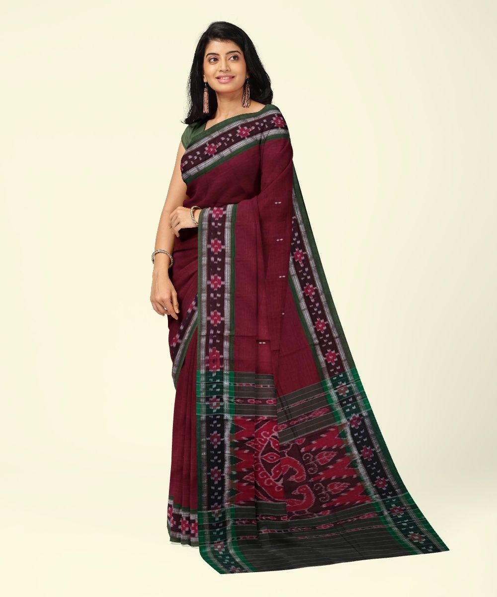 Maroon Green Sambalpuri Handwoven Single Ikat Cotton Saree SFCSAR2192