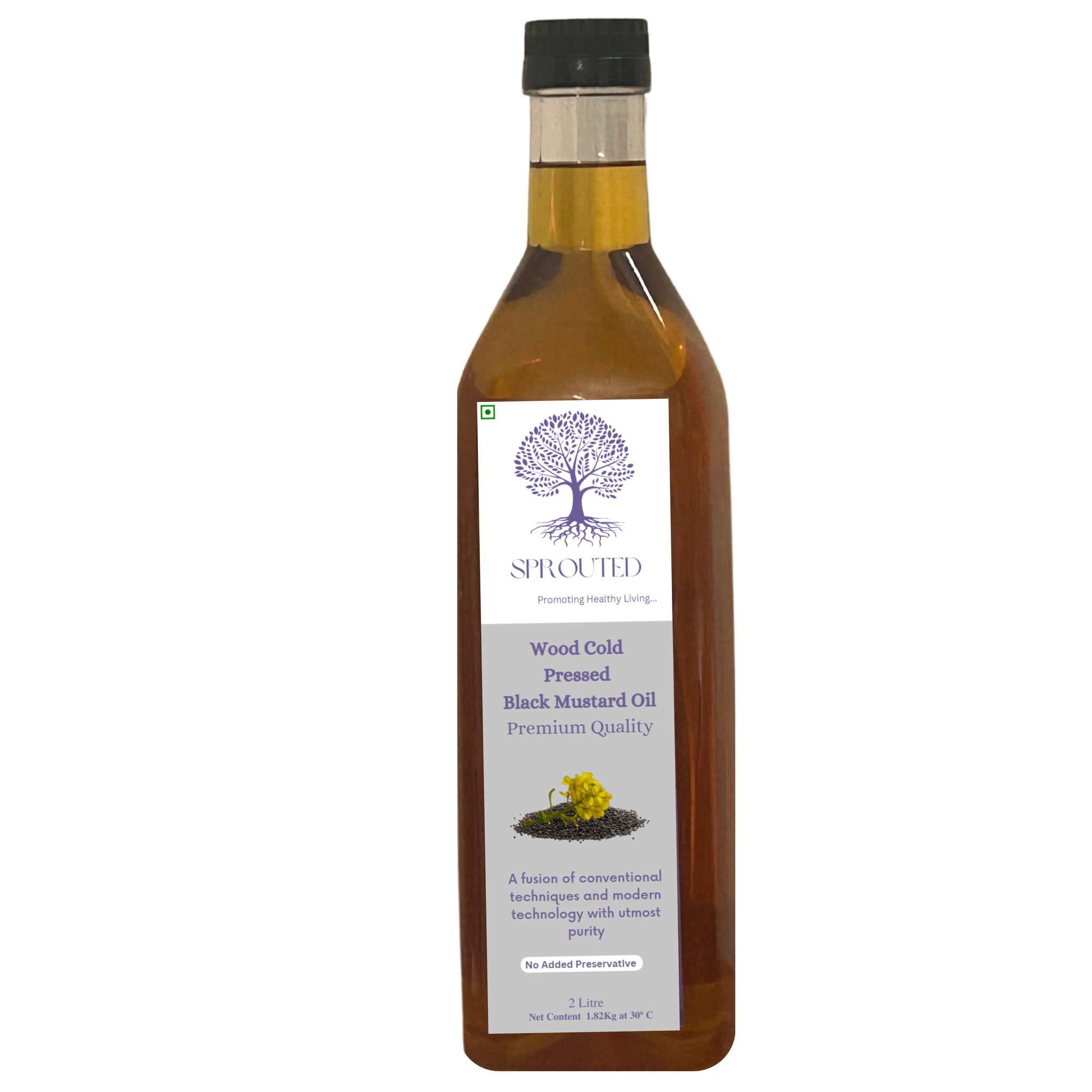 Sprouted Wood Cold Pressed Black Mustard (Kali Sarso ka tel) Oil | Glass Bottle | Kohlu/ Kacchi Ghani | 100% Pure | Gluten-Free | Chemical Free | Wood Cold Pressed/ Cold Pressed Black Mustard Oil for Cooking in 2 Litre