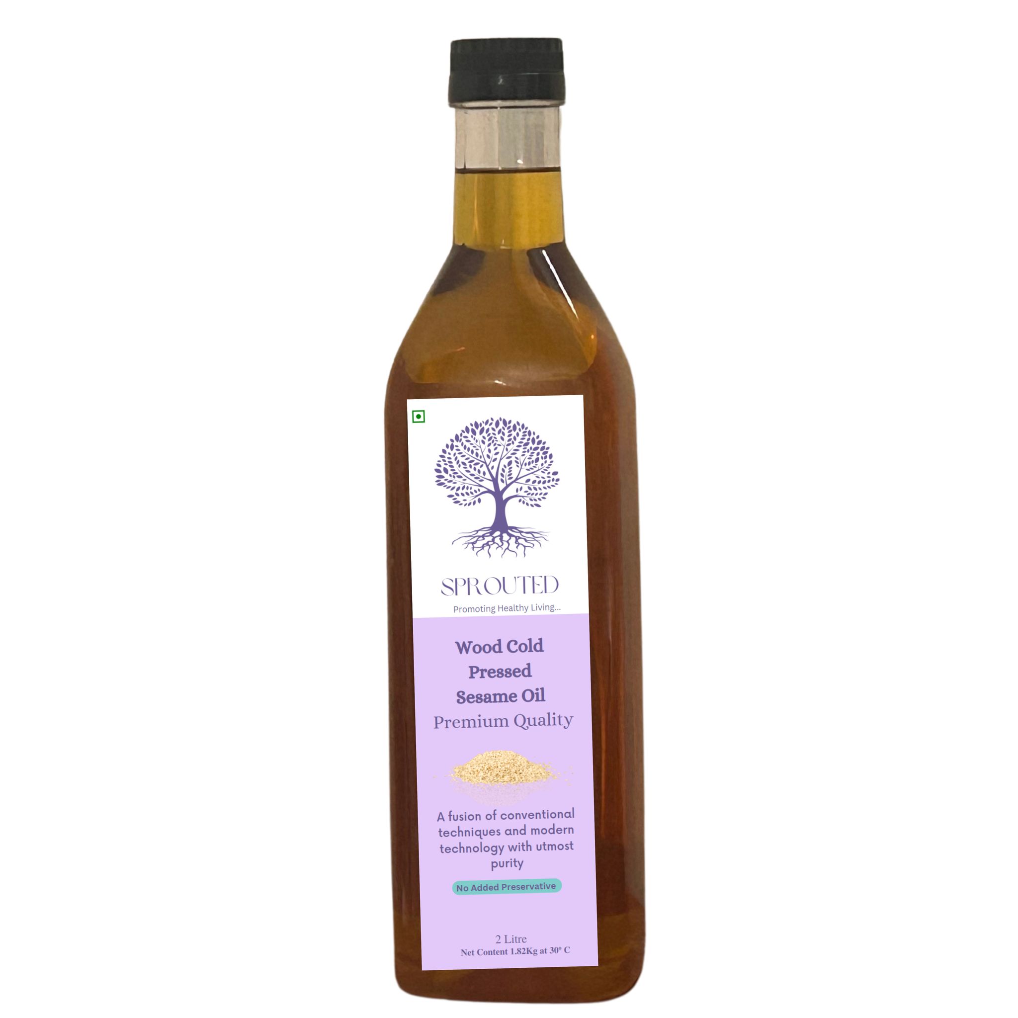 Sprouted Wood Cold Pressed Sesame Oil (Til Ka tel) | Glass Bottle | Kohlu/ Kacchi Ghani | 100% Pure | Gluten-Free | Chemical Free | Wood Cold Pressed/ Cold Pressed Sesame Oil for Cooking, Skincare in 2 Litre
