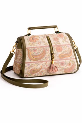 Elegant Beige Embroidered Floral Paisley Handbag with Olive Green Trim