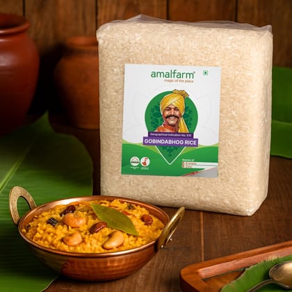 Amalfarm Gobindobhog Rice | Premium Bengali Aromatic Rice | Short Grain | GI Tag | Naturally Grown | Single Polished | Naturally gluten-free | Ideal for Khichdi, Payesh & Pulao | Vacuum Packed | 1kg