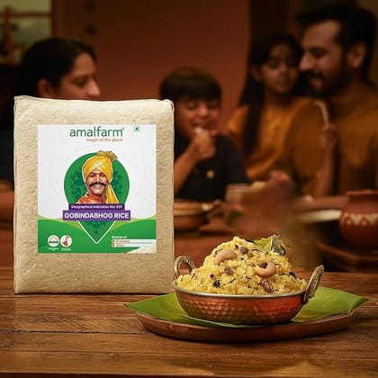 Amalfarm Gobindobhog Rice | Premium Bengali Aromatic Rice | Short Grain | GI Tag | Naturally Grown | Single Polished | Naturally gluten-free | Ideal for Khichdi, Payesh & Pulao | Vacuum Packed | 1kg