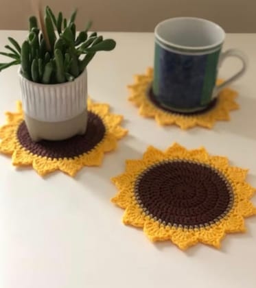 Handmade Sunflower Crochet Coasters Set of 3 for Home Decor & Table Protection Handmade Sunflower Crochet Coasters Set of 3 for Home Decor & Table Protection