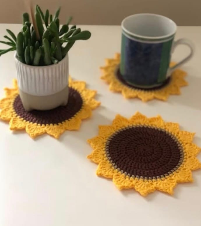 Handmade Sunflower Crochet Coasters Set of 3 for Home Decor & Table Protection