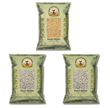 Sedya Three Millet Combo Whole Grains | Kodo Millet 500 g & Pearl Millet 500 g, 2 Packs | Certified Low GI | Varagu, Sajje | Gluten Free | Unpolished, Toasted, No Soaking Required | High Plant Protein & Fibre | Total 1.5 Kg