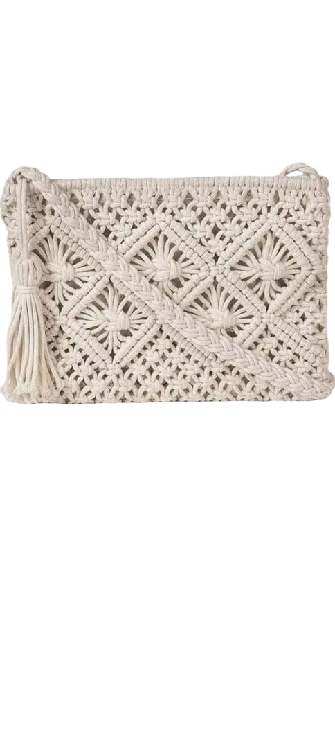 Handmade Macrame Sling Bag for Women - Beige Bohemian Crossbody Purse with Tassels