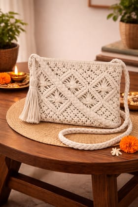 Handmade Macrame Sling Bag for Women - Beige Bohemian Crossbody Purse with Tassels