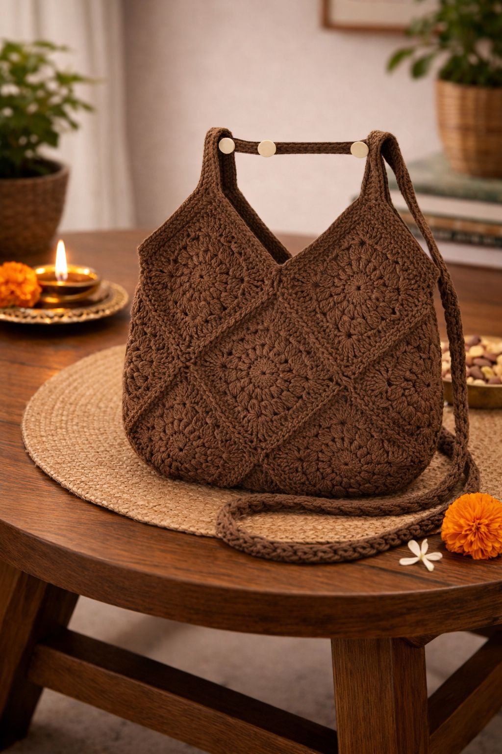 Handcrafted Brown Crochet Granny Square Tote Bag for Women