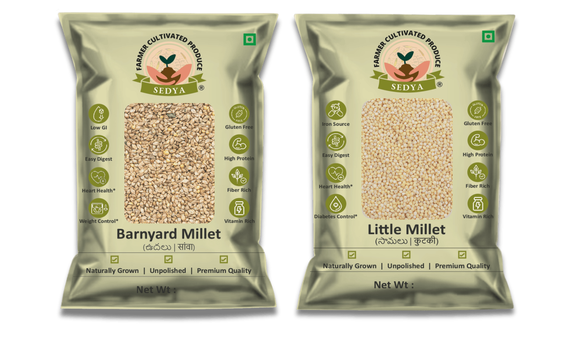 Sedya Two Millet Combo Whole Grains | Barnyard & Little Millet | Certified Low GI | Udalu / Samai | Gluten Free | Unpolished, Toasted, No Soaking Required | High Plant Protein & Fibre | 1 Kg Pack