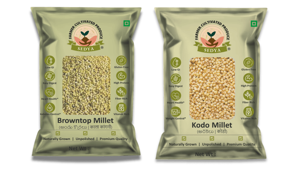 Sedya Two Millet Combo Whole Grains | Browntop & Kodo Millet | Certified Low GI | Korale / Varagu | Gluten Free | Unpolished, Toasted, No Soaking Required | High Plant Protein & Fibre | Total 1 Kg (500 g Each Pack)