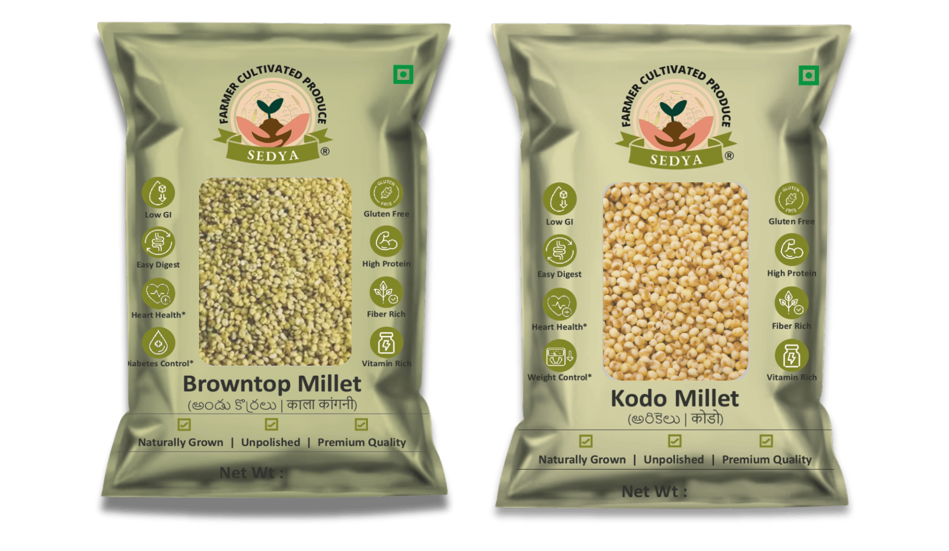 Sedya Two Millet Combo Whole Grains | Browntop & Kodo Millet | Certified Low GI | Korale / Varagu | Gluten Free | Unpolished, Toasted, No Soaking Required | High Plant Protein & Fibre | Total 1 Kg (500 g Each Pack)