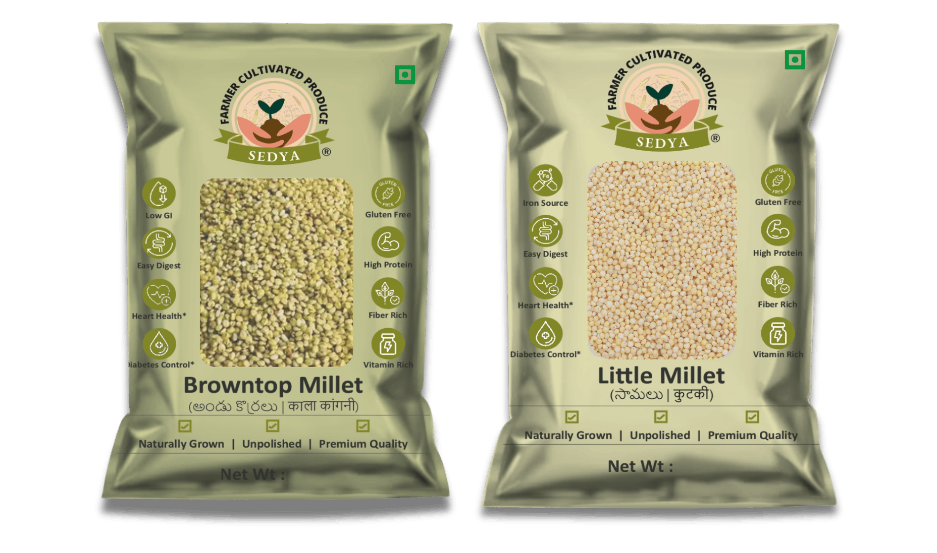 Sedya Two Millet Combo Whole Grains | Browntop & Little Millet | Certified Low GI | Korale / Samai | Gluten Free | Unpolished, Toasted, No Soaking Required | High Plant Protein & Fibre | Total 1 Kg (500 g Each Pack) 