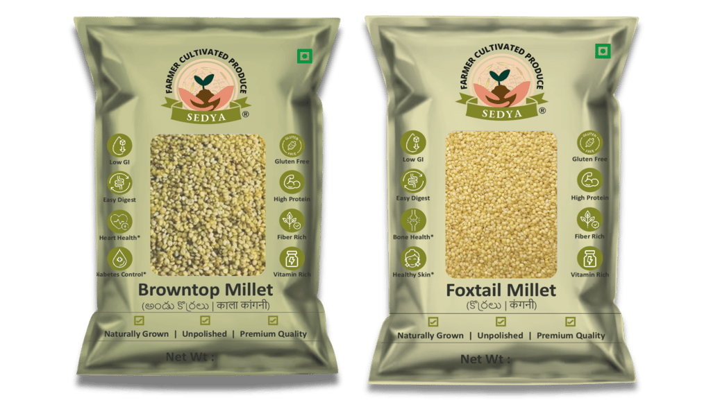 Sedya Two Millet Combo Whole Grains | Browntop & Foxtail Millet | Certified Low GI | Korale / Korralu | Gluten Free | Unpolished, Toasted, No Soaking Required | High Plant Protein & Fibre | Total 1 Kg (500 g Each Pack) 