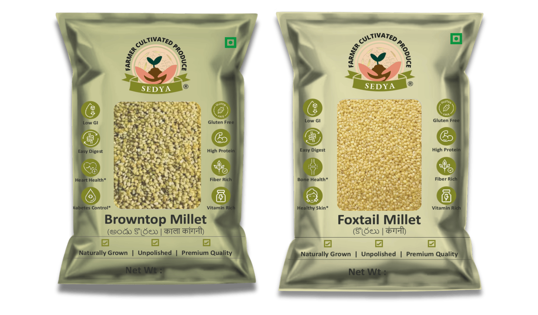 Sedya Two Millet Combo Whole Grains | Browntop & Foxtail Millet | Certified Low GI | Korale / Korralu | Gluten Free | Unpolished, Toasted, No Soaking Required | High Plant Protein & Fibre | Total 1 Kg (500 g Each Pack) 