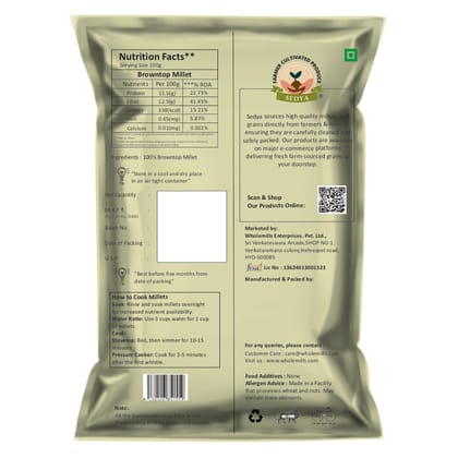 Sedya Two Millet Combo Whole Grains | Browntop & Foxtail Millet | Certified Low GI | Korale / Korralu | Gluten Free | Unpolished, Toasted, No Soaking Required | High Plant Protein & Fibre | Total 1 Kg (500 g Each Pack) 