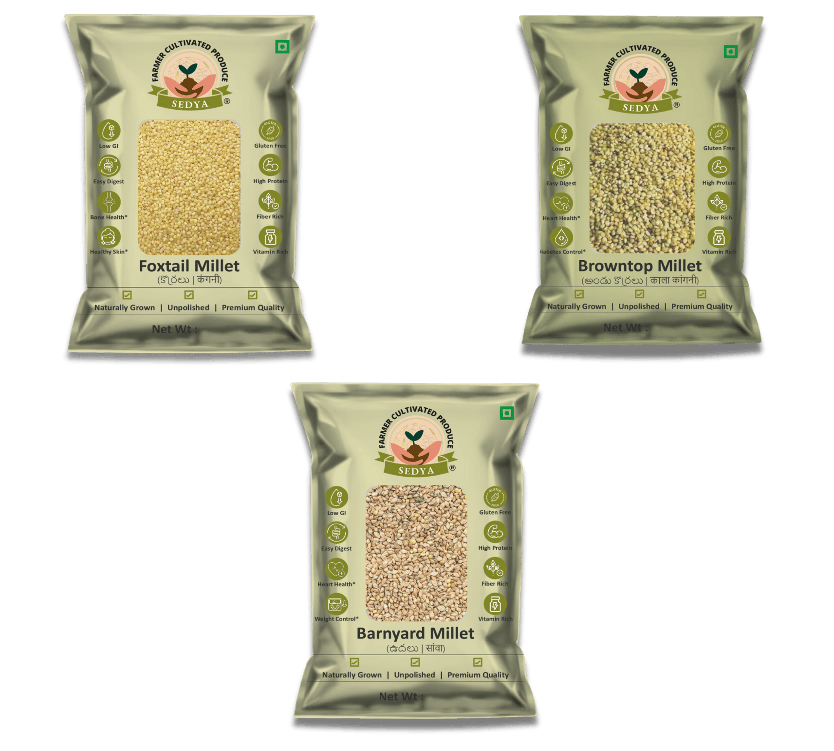 Sedya Three Millet Combo Whole Grains | Foxtail, Browntop & Barnyard Millet | Certified Low GI | Korralu / Korale / Udalu | Gluten Free | Unpolished, Toasted, No Soaking Required | High Plant Protein & Fibre | 1.5 Kg Pack 