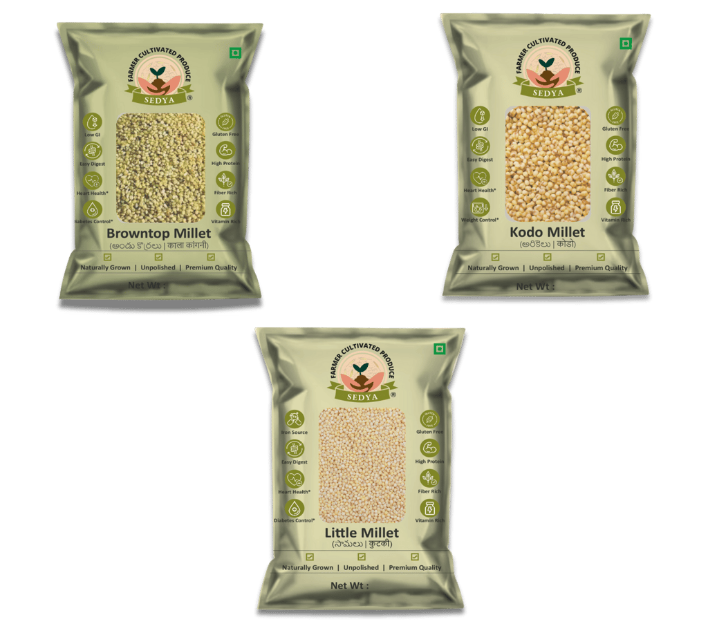 Sedya Three Millet Combo Whole Grains | Browntop, Kodo & Little Millet | Certified Low GI | Korale / Varagu / Samai | Gluten Free | Unpolished, Toasted, No Soaking Required | High Plant Protein & Fibre | Total 1.5 Kg (500 g Each Pack) 