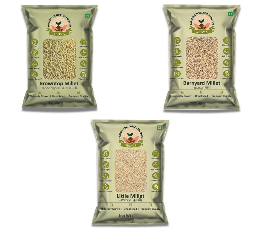 Sedya Three Millet Combo Whole Grains | Browntop, Barnyard & Little Millet | Certified Low GI | Korale / Udalu / Samai | Gluten Free | Unpolished, Toasted, No Soaking Required | High Plant Protein & Fibre | Total 1.5 Kg (500 g Each Pack)