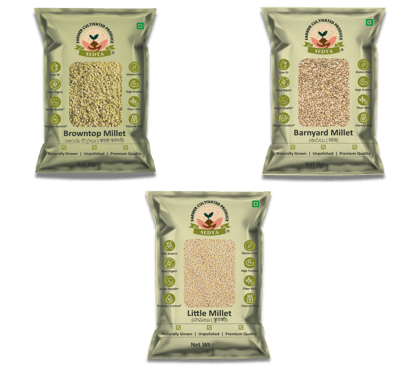 Sedya Three Millet Combo Whole Grains | Browntop, Barnyard & Little Millet | Certified Low GI | Korale / Udalu / Samai | Gluten Free | Unpolished, Toasted, No Soaking Required | High Plant Protein & Fibre | Total 1.5 Kg (500 g Each Pack)