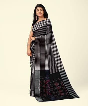 Maroon Black Sambalpuri Handwoven Single Ikat Cotton Saree SFCSAR2203
