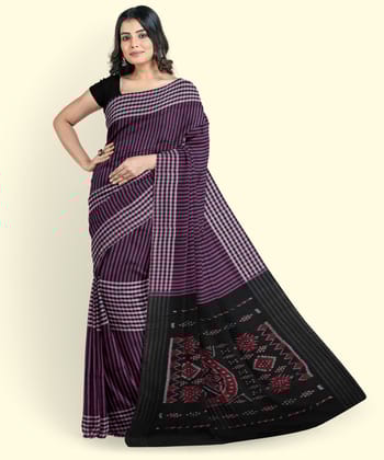 Purple Black Sambalpuri Handwoven Single Ikat Cotton Saree SFCSAR2204