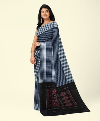 Blue Black Sambalpuri Handwoven Single Ikat Cotton Saree SFCSAR2205