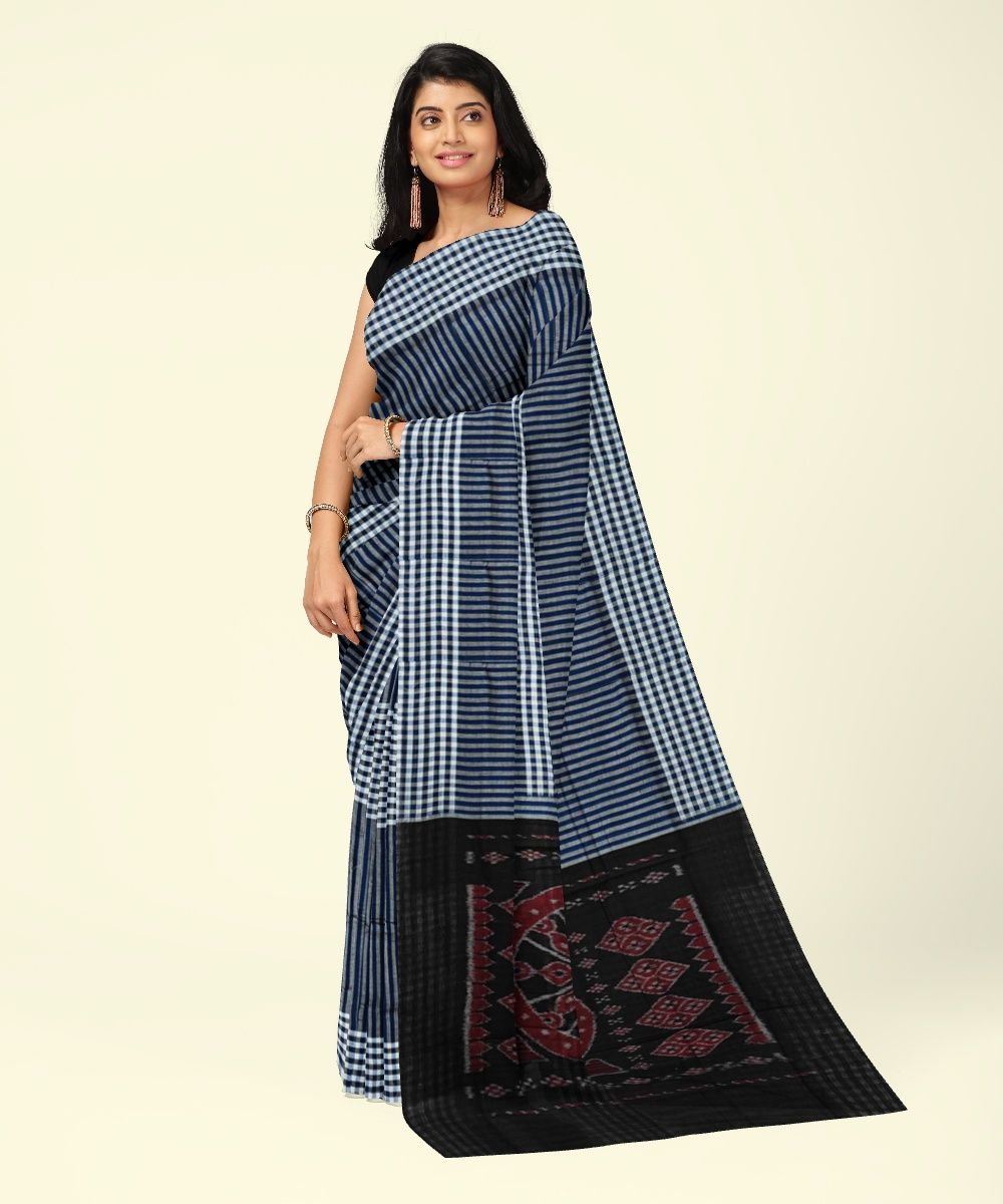 Blue Black Sambalpuri Handwoven Single Ikat Cotton Saree SFCSAR2205