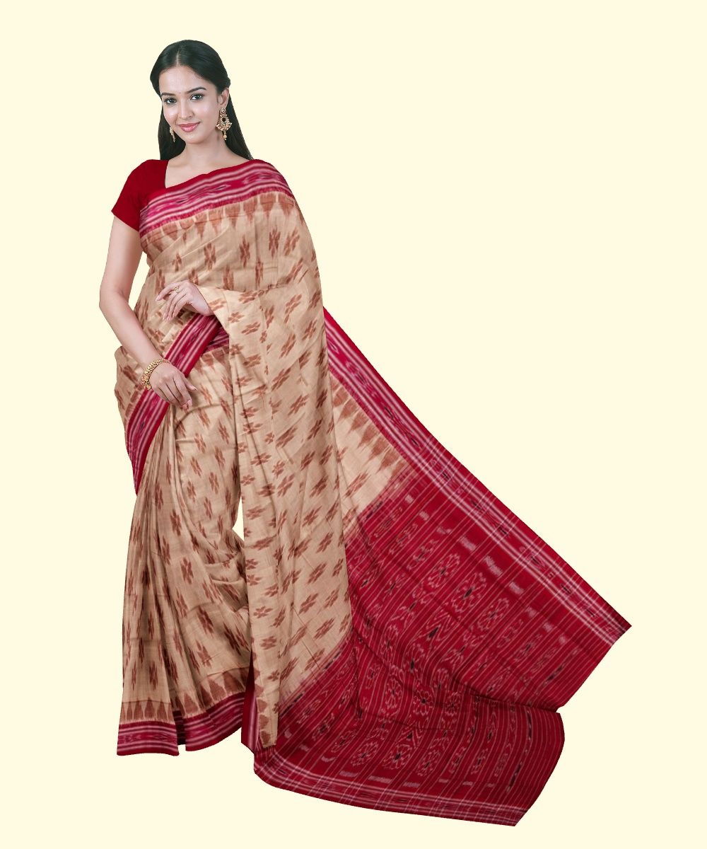 Beige Red Sambalpuri Handwoven Single Ikat Cotton Saree SFCSAR2206